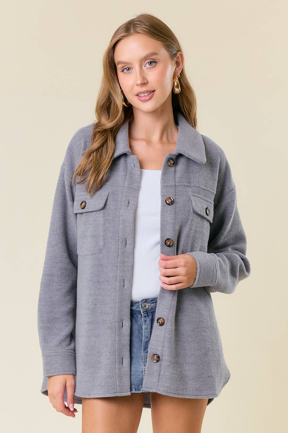 Doe and Rae - Wholesale Shirt Jacket/Shacket - Women's - Fleece Knit Button-Down Shacket W/ Patch Pocket - 10606J1
