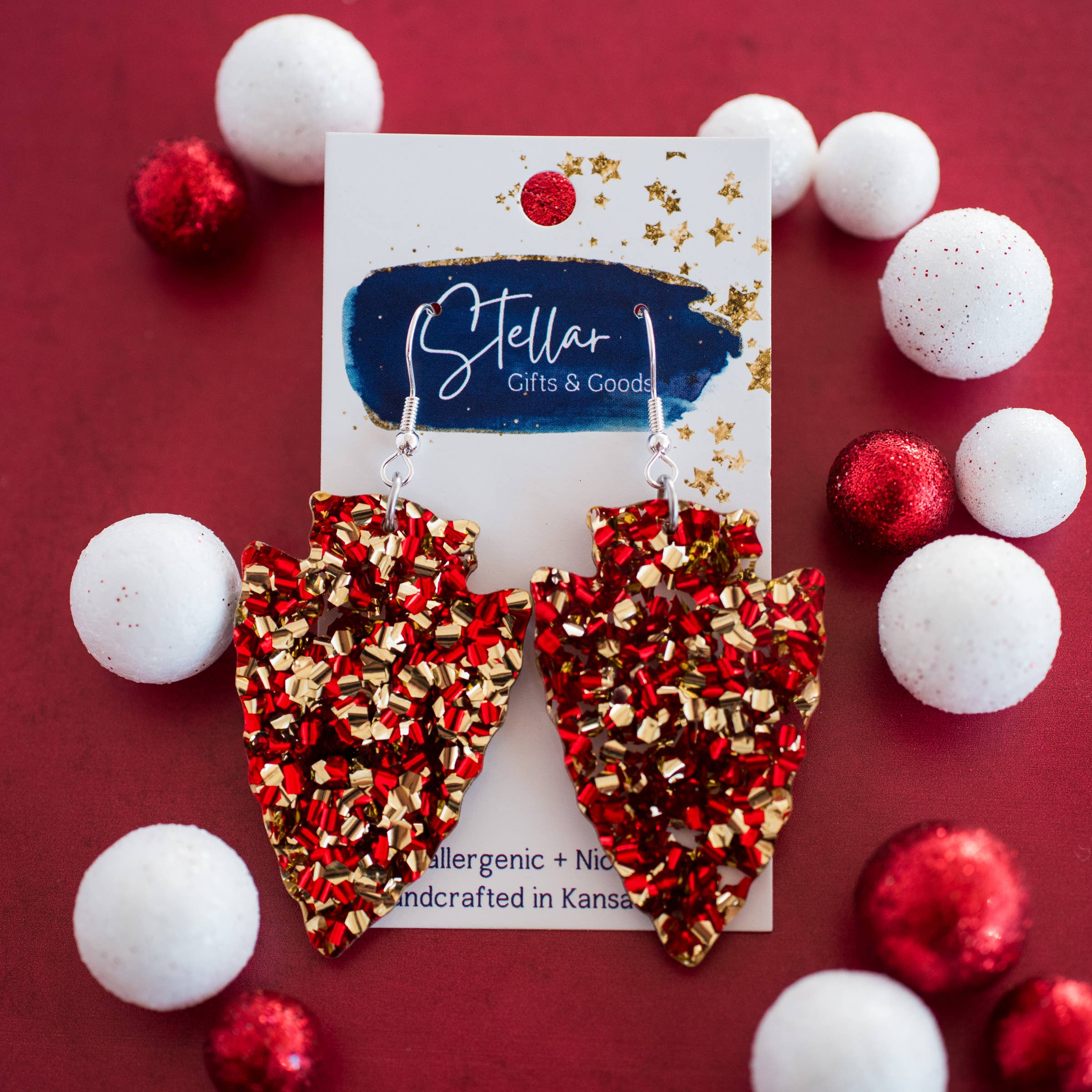Stellar Gifts & Goods Wholesale - Wholesale Dangle Earrings - KC Football - Large Chunky Glitter Arrowhead Dangles Red Gol