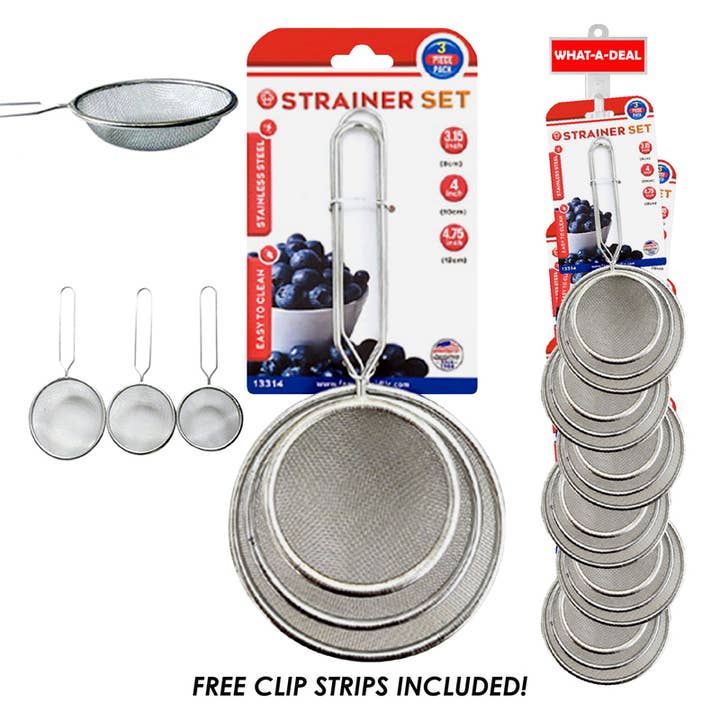 36pcs 3PC Strainer Set 8-10-12 CM with 3 clip strips for wholesale by Deluxe Import Trading