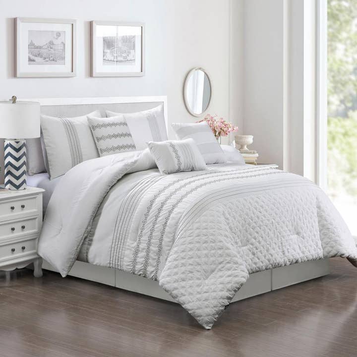 7 Piece Embroidery White Bed in a Bag, Modern and Stylish Comforter Set for wholesale by HIG