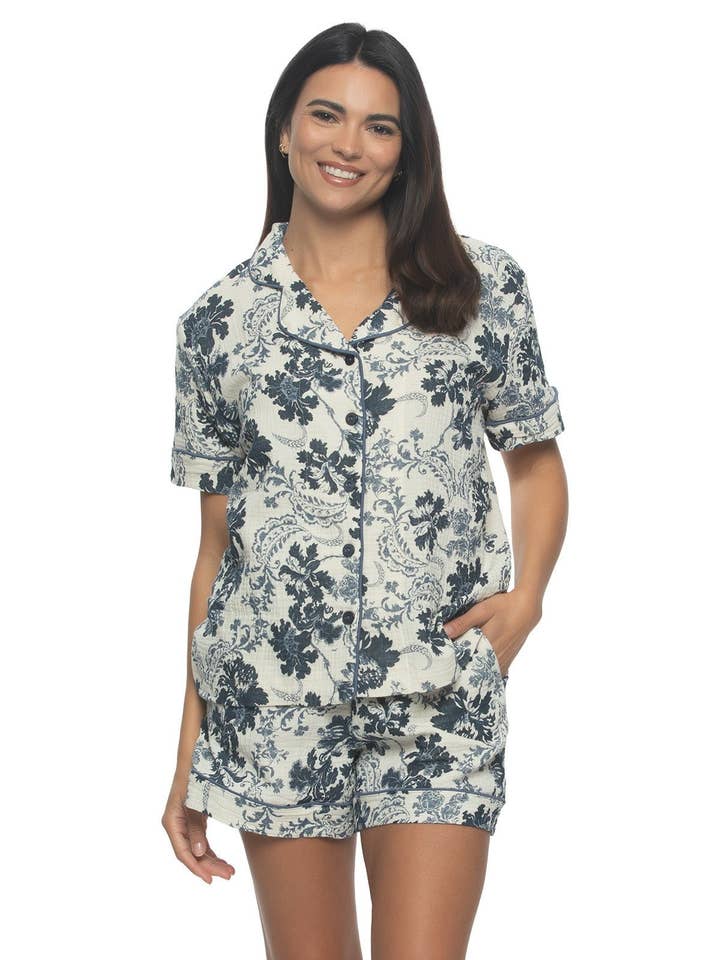 Calista Cotton Gauze Pajama Shorts Set - Indigo Folk for wholesale by Felina