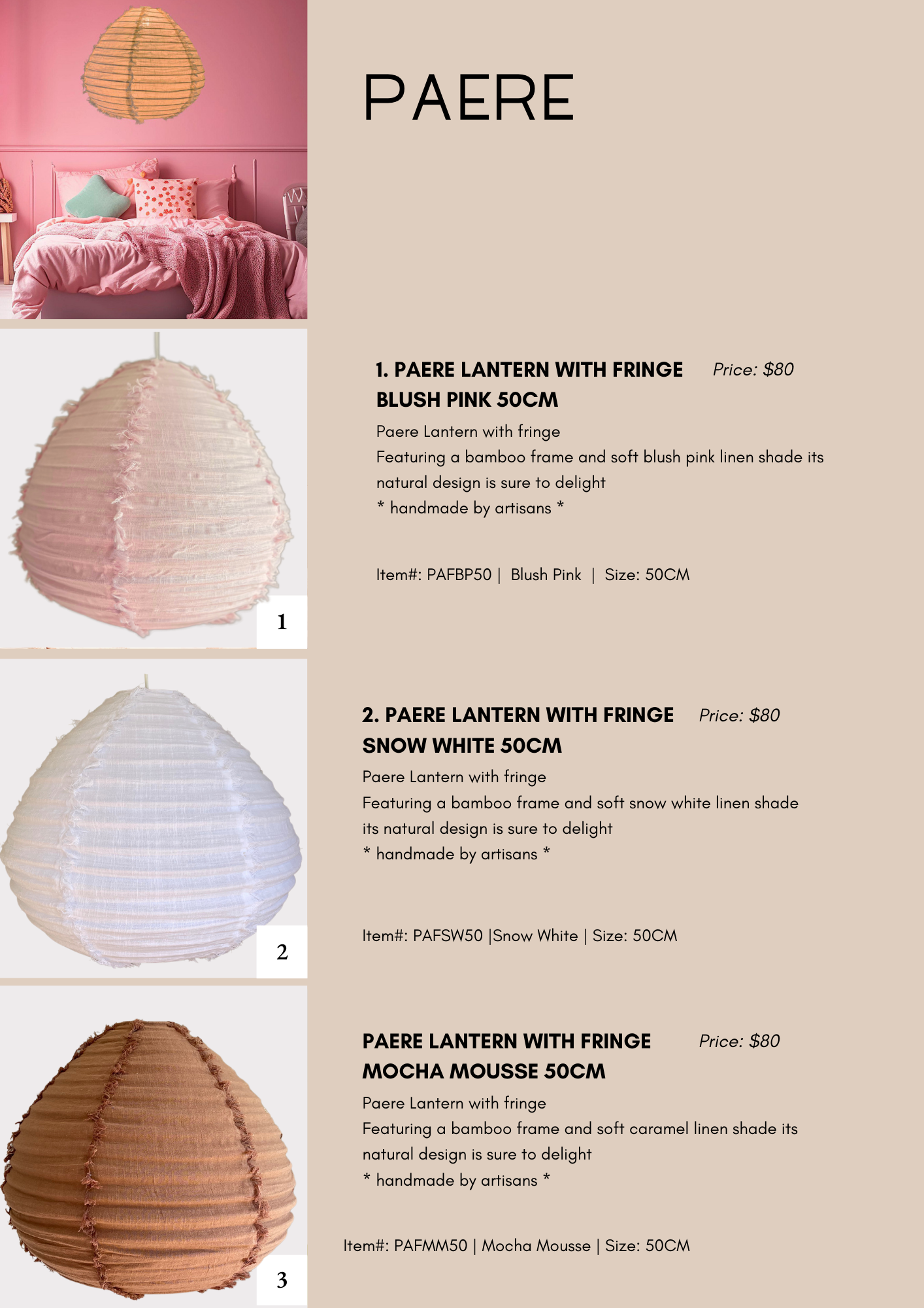 Little Nordic Sol - Wholesale Lantern - Linen Light Shade Paere Fringed Mocha Mousse 50cm7