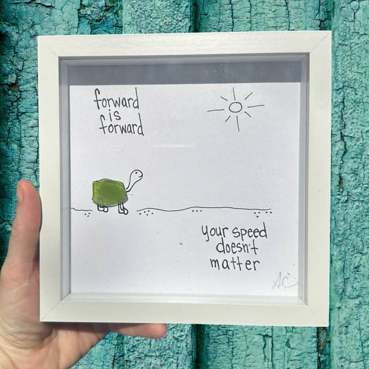 Forward Turtle MINI - Sea Glass Art - 6x6 Framed for wholesale by Back Bay Designs