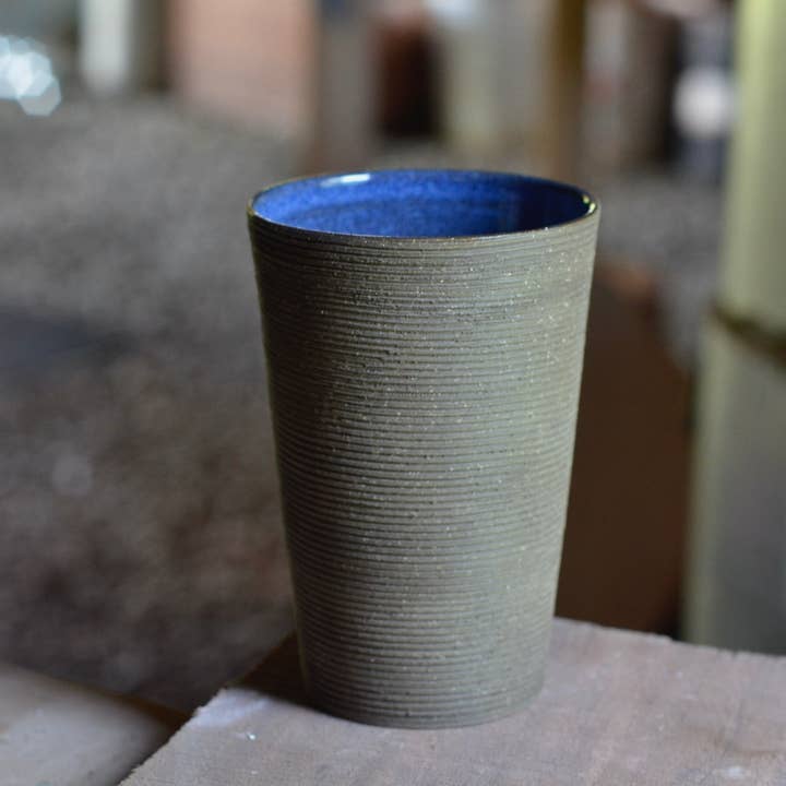 Cup - Denim Blue - 12 Ounces - Textured Lines for wholesale by Rose Line Pottery