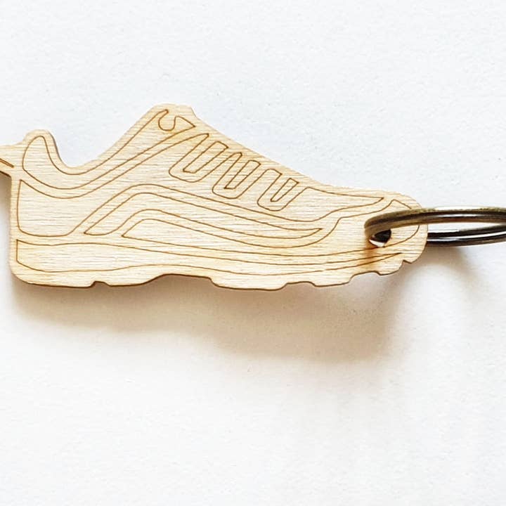 Sustainable, Wooden Running Shoe Keyring. Marathon Gift for wholesale by Go Your Own Way Apparel