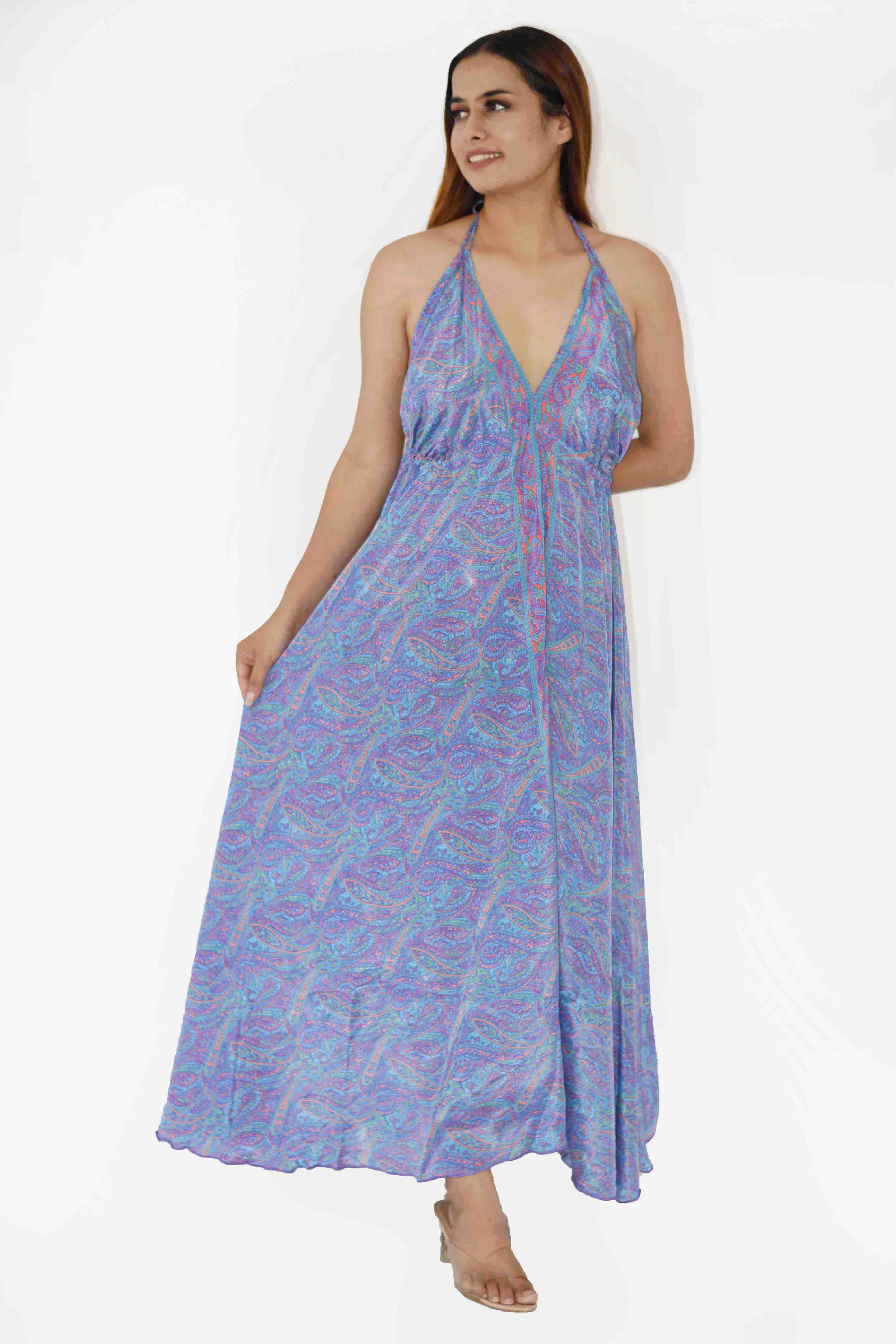 Humanity Centred Designs – Großhandel Kleid – Damen – Boho Kleid Neckholder rückenfrei bedruckte Rüsche in voller Länge8