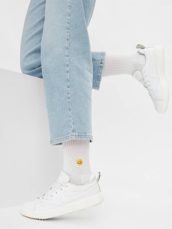 Smile Socks - White Crew Socks with Emoji Embroidery for wholesale by Natural Vibes