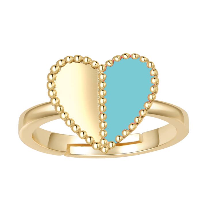 Anel Coração Ajustável em Coração Banhado a Ouro e Esmalte Turquesa por atacado de Dlux Jewels