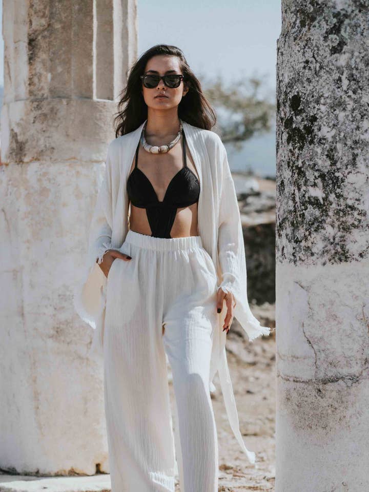 Organic Cotton and Bamboo White Summer Beach Pants for wholesale by Heart Earth Craft