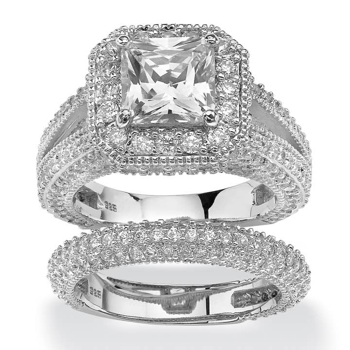 5.08 TCW Princess-Cut CZ Halo Bridal Set in Platinum Silver for wholesale by PalmBeach Jewelry