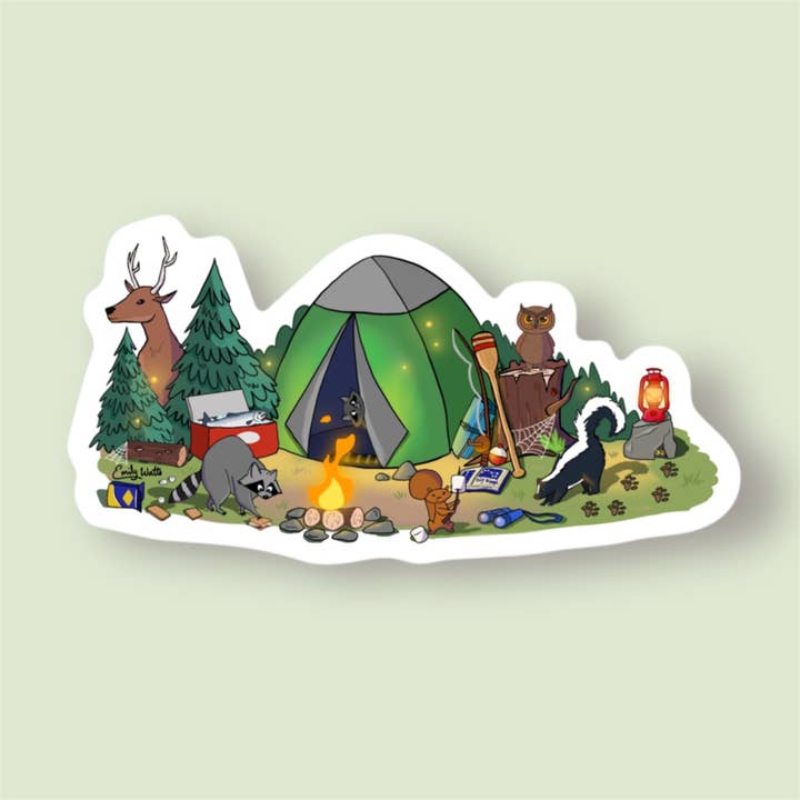 Critter Camping Vinyl Sticker for wholesale by Emily's Art Cart