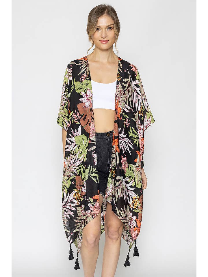 Hana - Wholesale Kimono - Women's - Palm Leaf Print Tassel KiSummer Kimono Cover Upmono1