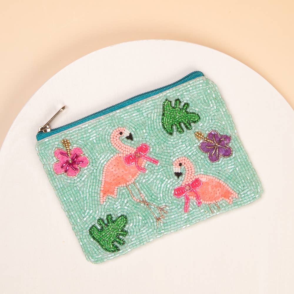 SP Sophia Collection - Wholesale Coin Purse - Women's - Summer Pink Flamingo Beaded Card Coin Bag with Zipper3