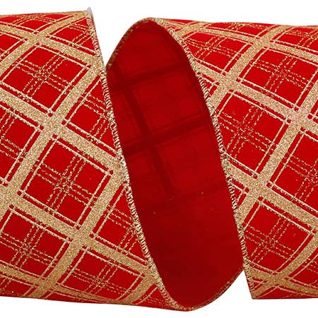Lattice Glitter Velvet Wired Edge, Red/gold, 4 In, 10 Yards for wholesale by RELIANT RIBBON
