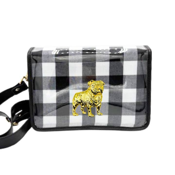 Zwart/wit geruite doorzichtige Gameday stadiontas met gouden bulldog voor wholesale door Garland Bags