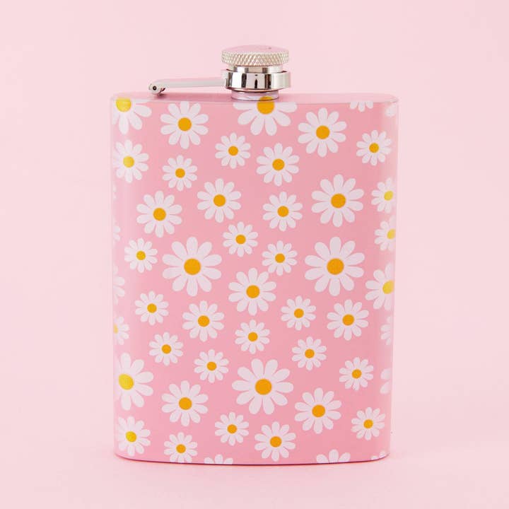 Daisy Print Tall Light Pink Hip Flask for wholesale by Punky Pins