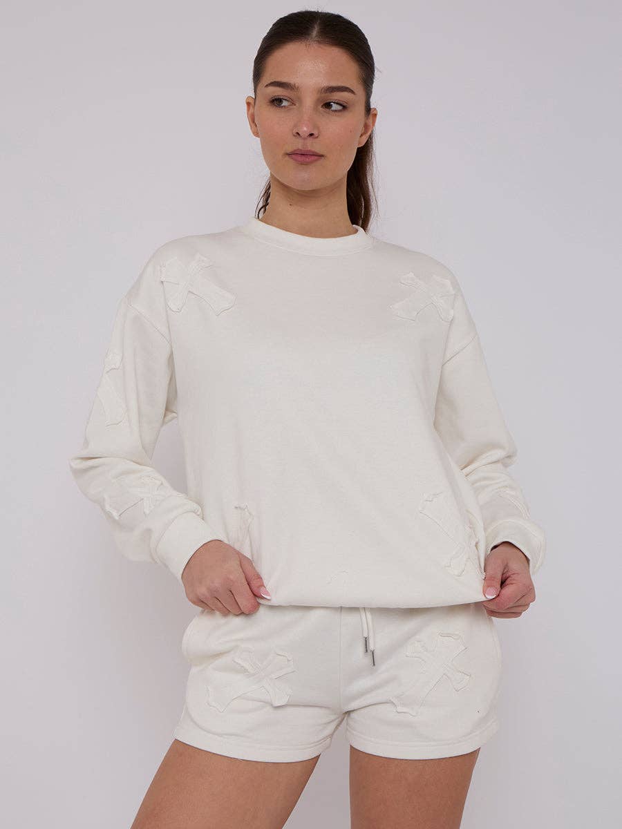 AX Labels - Wholesale Lounge Set - Women's - Crucifix Embroidered Sweatshirt & Shorts Fleece Co-ord32