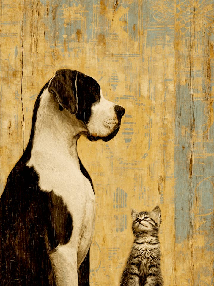 Dogues Alemães & Gatinho Conhecem Impressões de Arte Vintage de Cães - Obra de Arte 8"x10" por atacado de Mowbi