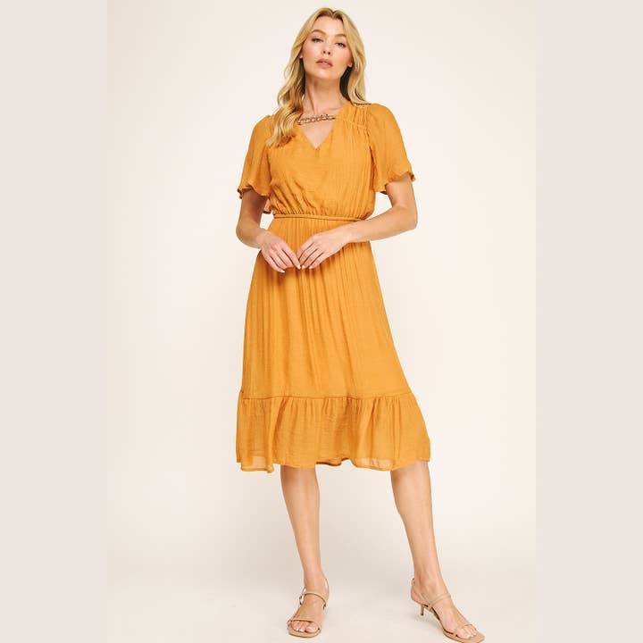 Winslow Collection - Wholesale Dress - Women's - FLUTTER SLEEVE NECKLACE DETAIL PRINTED MIDI DRESS13