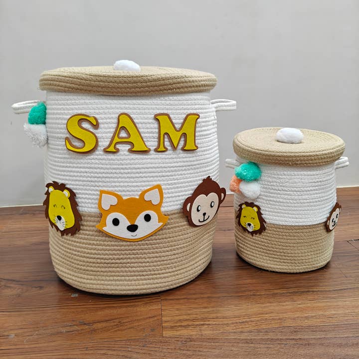 Ash and Vi - Wholesale Basket – Kids & baby - Jute Cotton Storage Basket with Lid - Safari Snuggles1