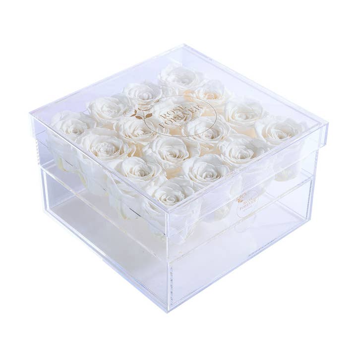 16 White Preserved Roses in Passion Crystal Box – Elegant Eternity Roses for wholesale by Rose Forever