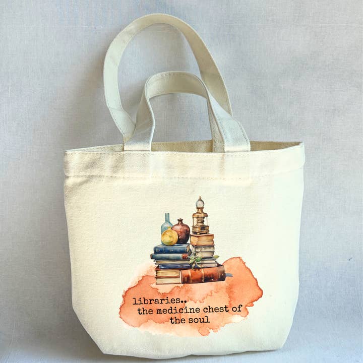 Canvas Mini Tote Bag - Bookstores are the Medicine Chest of the Soul for wholesale by Pretty Clever Words