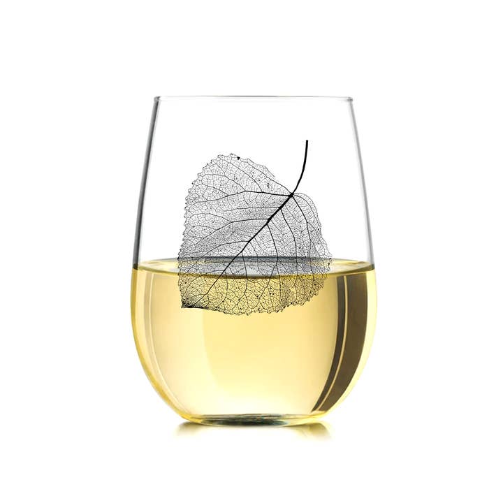 Black Lantern - Wholesale Wine Glass - Aspen Leaf Wine Glasses - Set of 2 - Stemless Wine Glasses