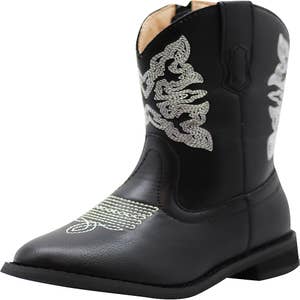  Forever Girls Rhinestone Cowboy Boots Kids Low Heel Dress  Booties River-01K Black 9