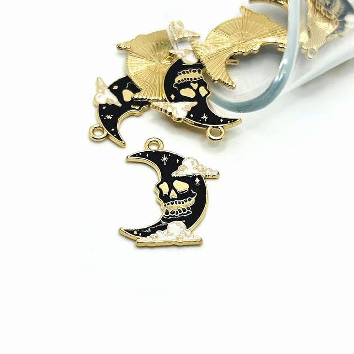 Halloween Enamel Crescent Moon Skull Charms, 26x20mm for wholesale by Guerrilla Charm
