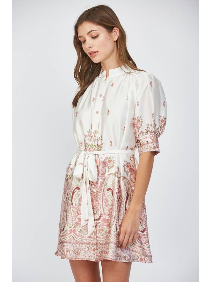 CREAM MULTI BORDER PRINT SATIN SELF WAIST TIE BUTTON FRONT DRESS FD30317 for wholesale on Faire
