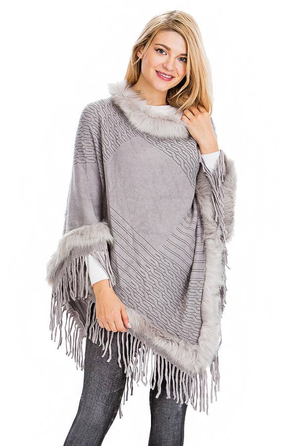 Cap Zone - Wholesale Poncho - Women's - Cable Printed Faux Fur Collar And Trimming Poncho0
