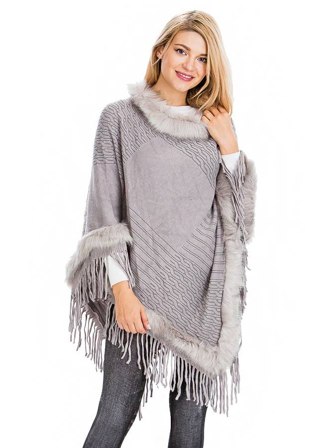 Cap Zone - Wholesale Poncho - Women's - Cable Printed Faux Fur Collar And Trimming Poncho