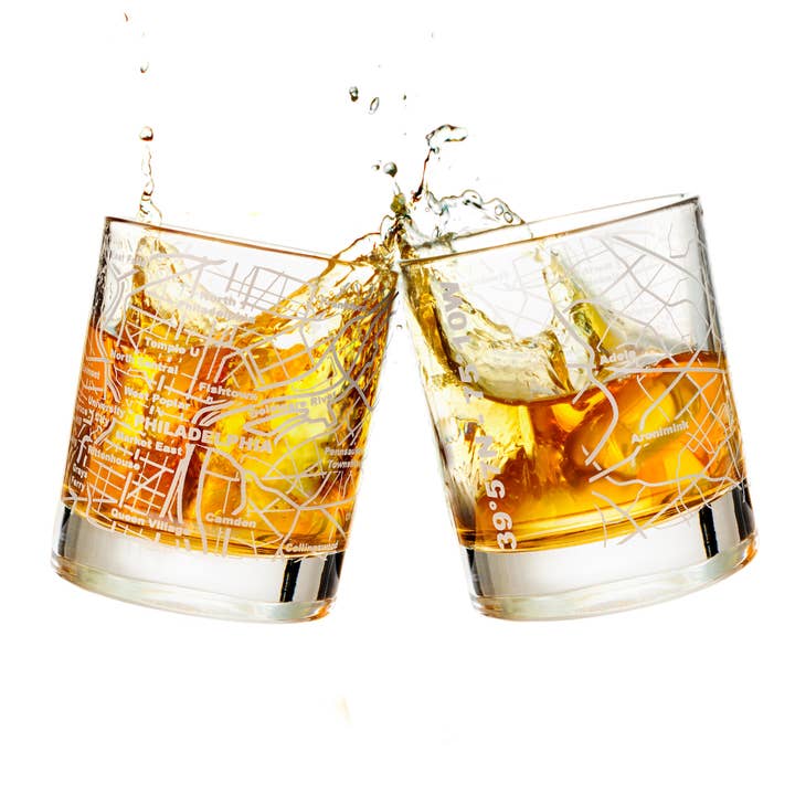 Philadelphia Etched Street Grid Whiskey Glasses for wholesale by Greenline Goods