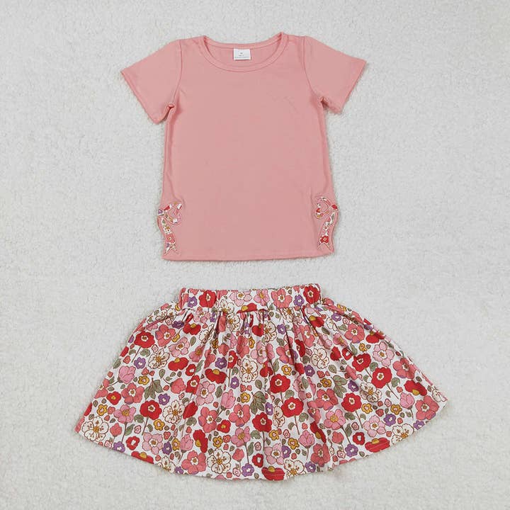 Aier Wholesale - Wholesale Top & Skirt Set - Kids - Embroidery Baby Girls Coral Bow Top Flowers Skort Skirt Clothes Sets1