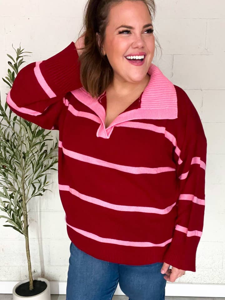 Promenade - Wholesale Pullover-trui - Dames - Fall For You oversized trui met karmozijnrode strepen en inkepingen en kraag (open verpakking)10