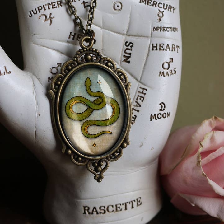 The Divine Iguana - Wholesale Pendant/Charm Necklace - Coiled Snake Ornate Oval Halloween Pendant Necklace