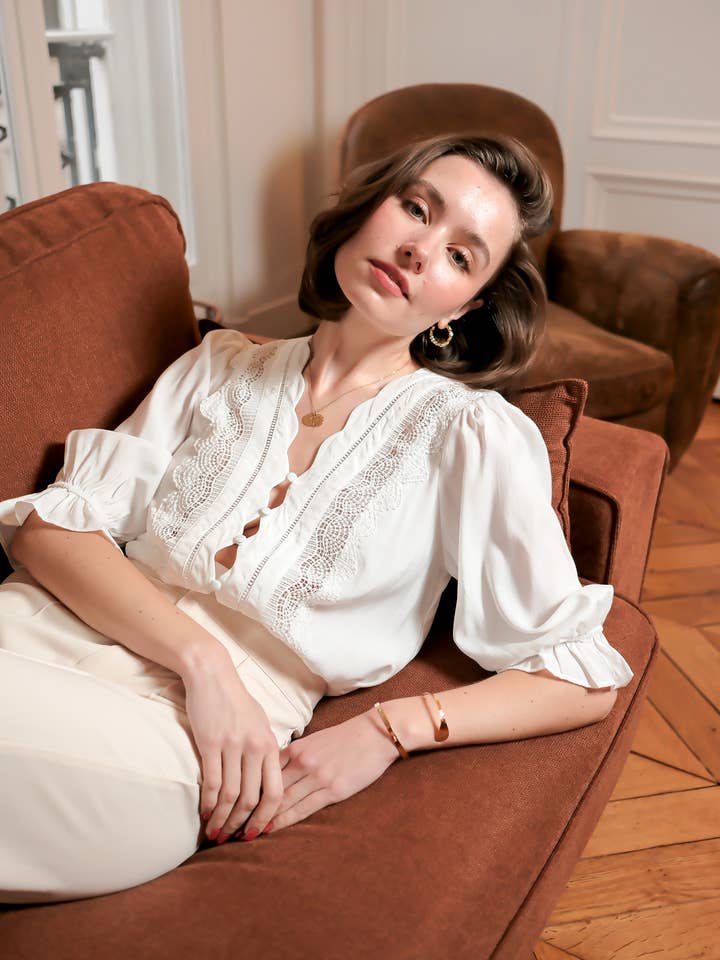 White Lace blouse with three-quarter sleeves - ASD95706-KATRINA for wholesale on Faire1