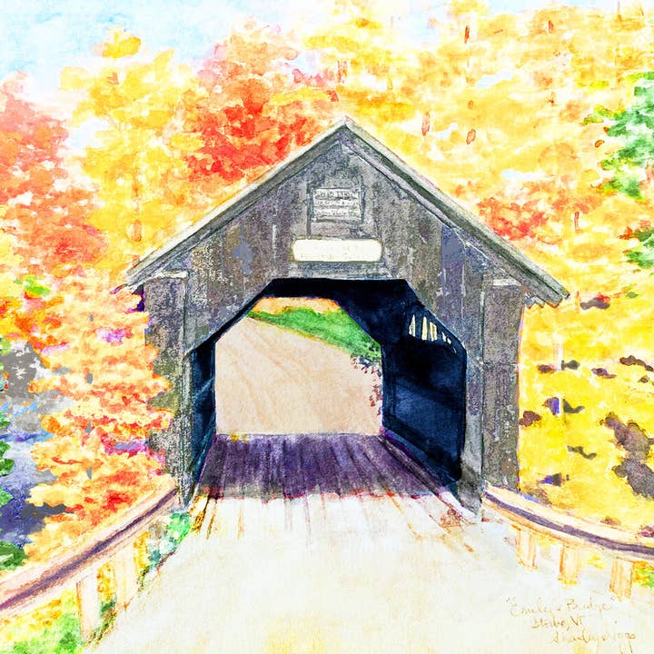 STAMPA CON PONTE RICOPERTO DI RUSCELLO DORATO - STOWE, VERMONT per la vendita all'ingrosso da parte di Shanley Triggs Art