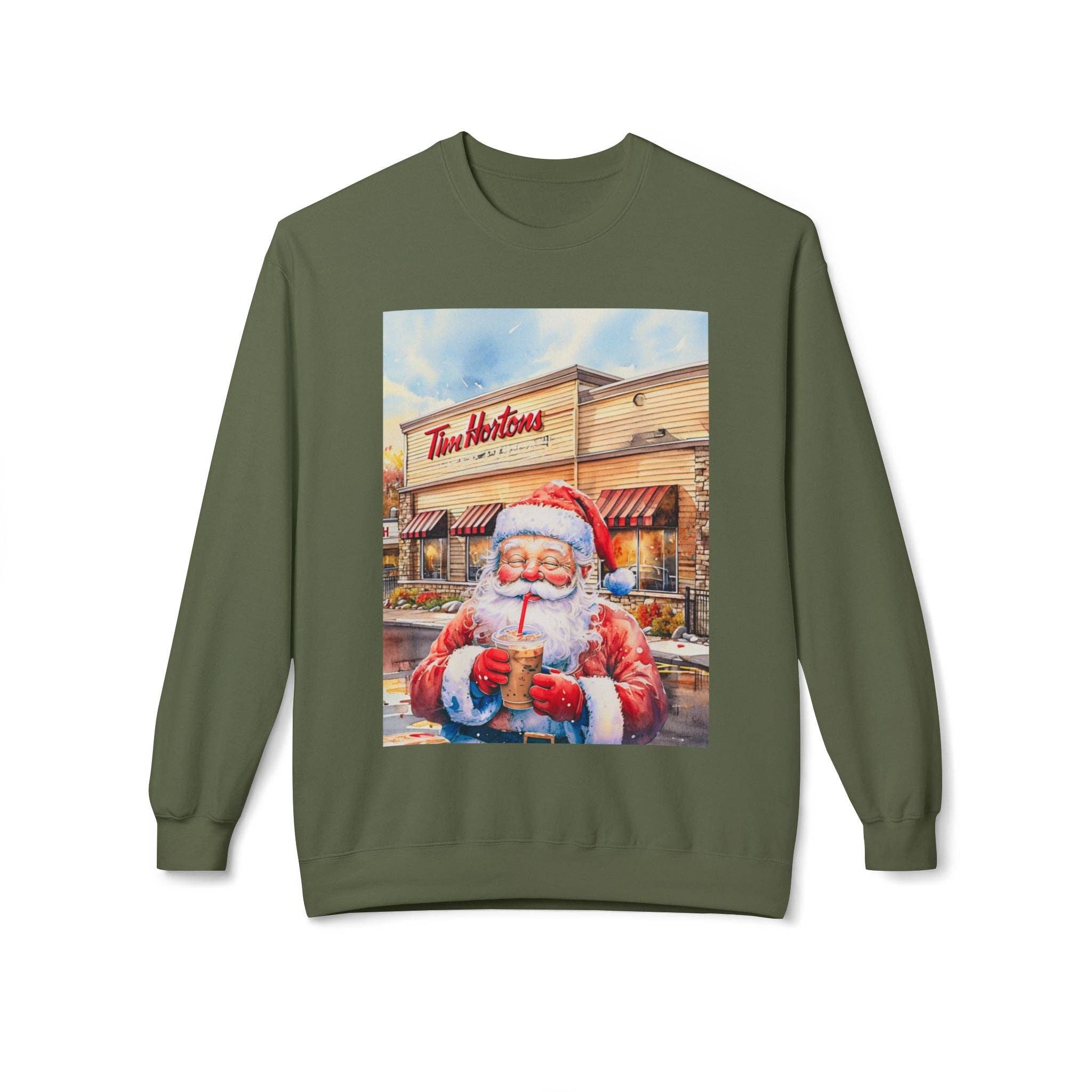 Buffalovely - Wholesale Graphic Sweatshirt - Women's - Santa with an Iced Coffee at Tim Horton's Cozy Unisex Christmas Crewneck Sweatshirt5