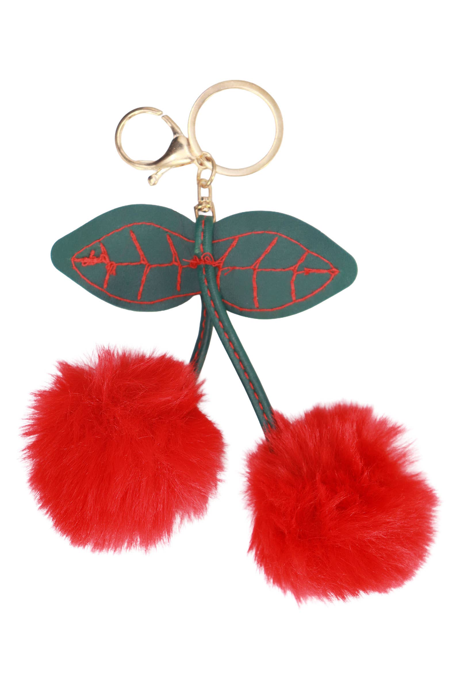 Red Cherry Fluffy Faux Fur Pom Pom Key Chain for wholesale on Faire2