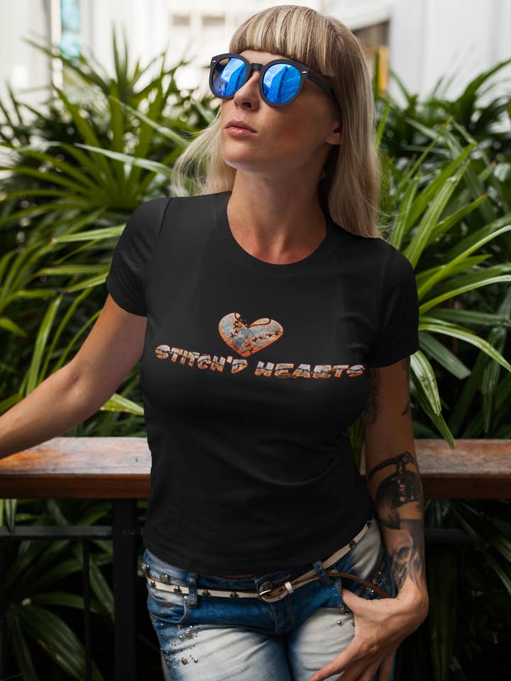 STITCH'D HEARTS FULL LOGO T SHIRT for wholesale by Feddi Around the Collar shirts