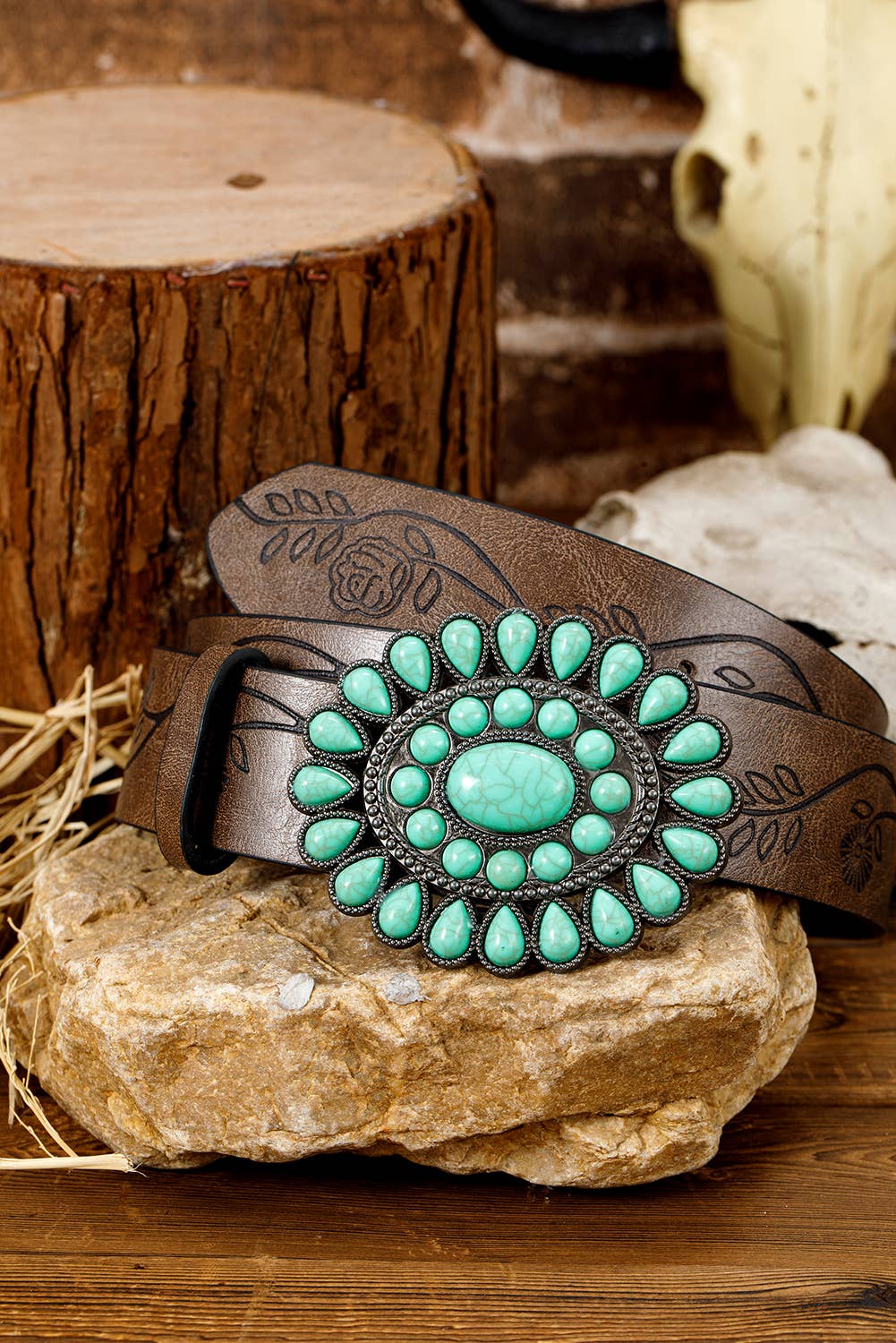 Chestnut  LDC Turquoise Gem Stone Western Fashion Faux Leather Belt for wholesale on Faire2