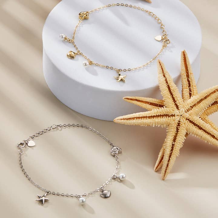 Perimade & Co. LLC - Wholesale Charm/dangle bracelet - Seashell Starfish Pearl Bracelet in 925 Sterling Silver6
