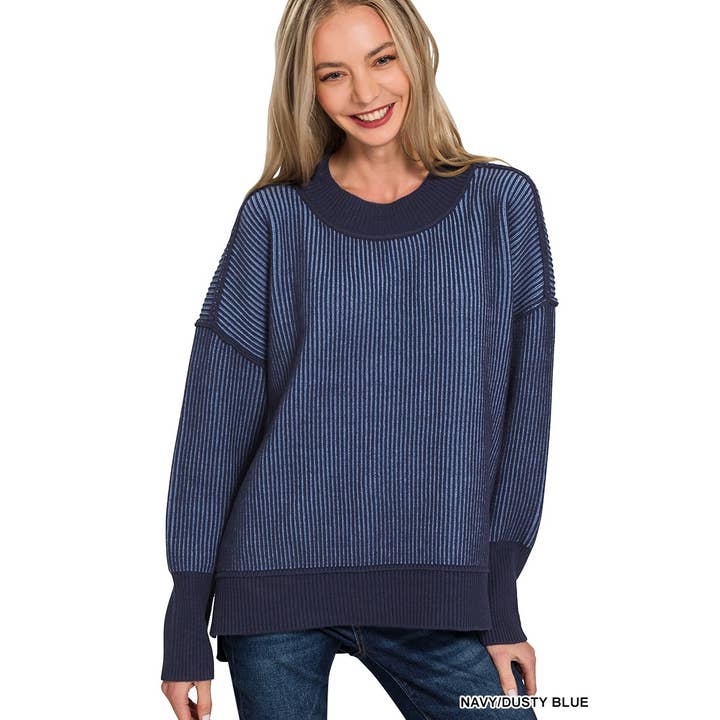 Style Up – wholesale Sweatshirt – Women's – EXPOSED SEAM TWO TONE SWEATER HI LOW SIDE SLITS20