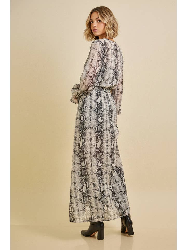 COMBO GRIS Robe longue imprimée serpent de printemps avec écharpe en vente sur Faire2