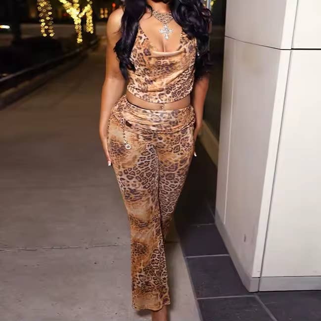 Leopard Print Swing Halter Tie-Back Top & Pant Set(C) for wholesale by BELLISSIMA FASHION