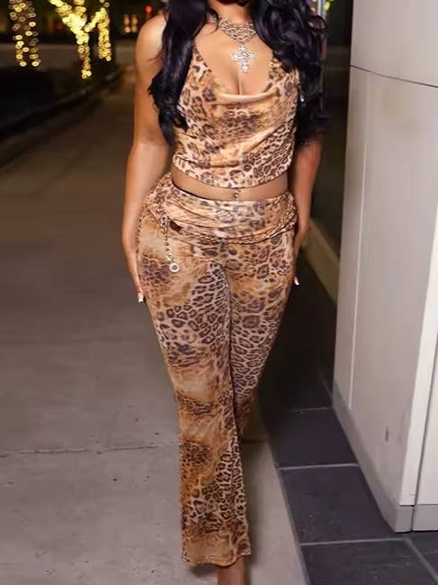 Leopard Print Swing Halter Tie-Back Top & Pant Set(C) for wholesale by BELLISSIMA FASHION