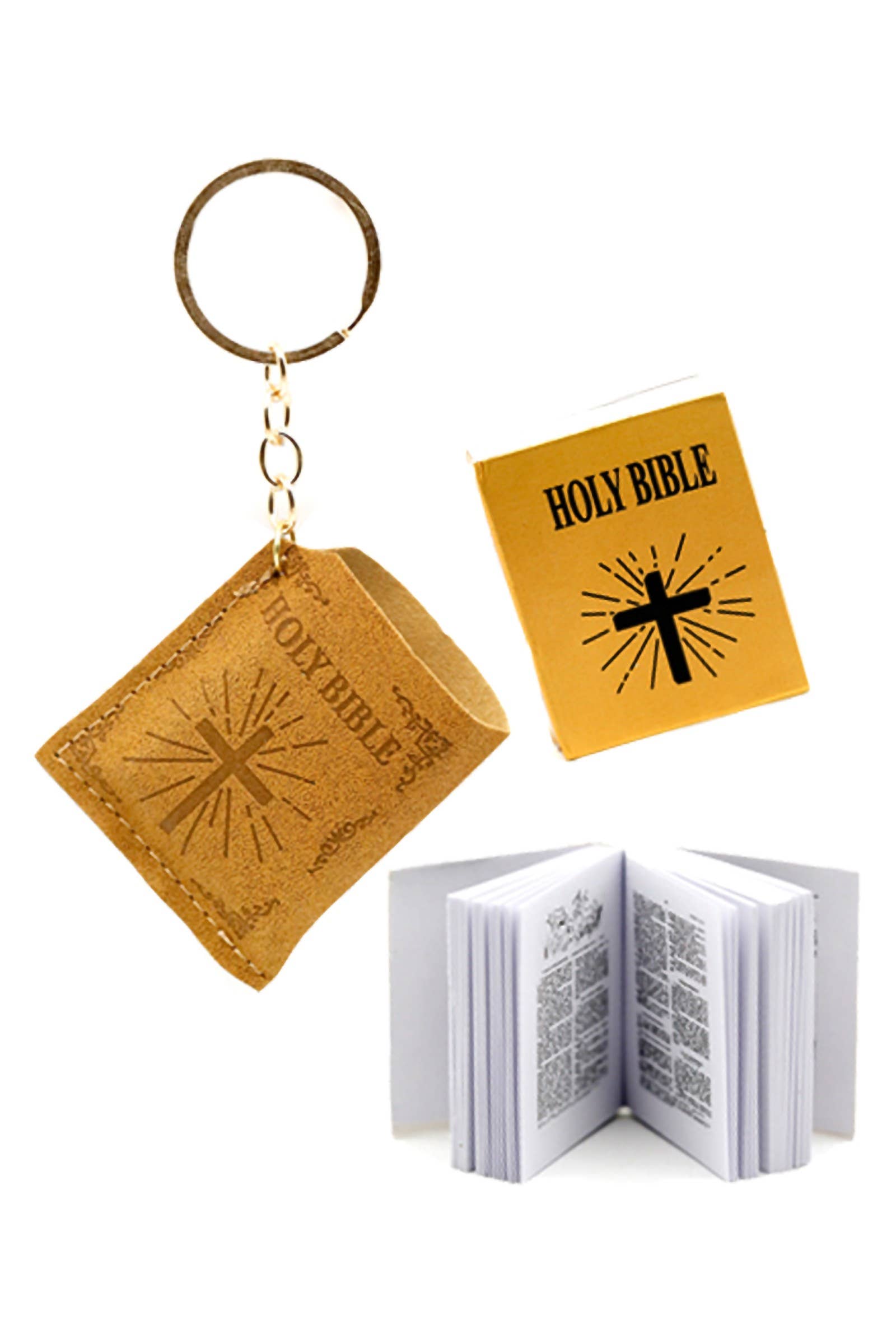 Cap Zone - Wholesale Keychain - Unisex - Miniature Holy Bible Faux Suede Cover Key Chain - Eng &amp; Spa2