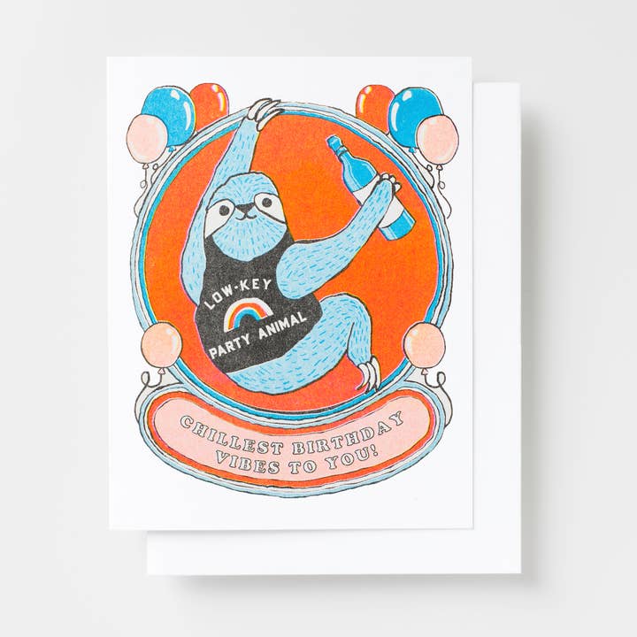 Sloth Bday Party Risograph Card for wholesale by Yellow Owl Workshop
