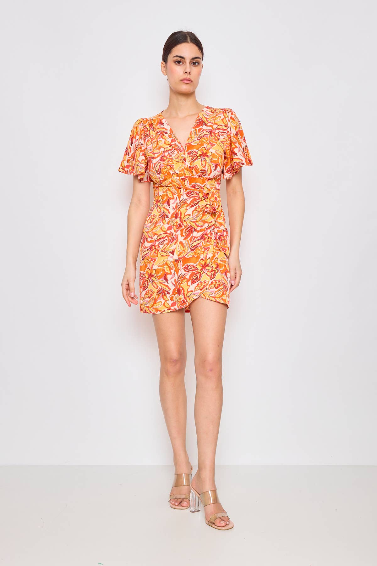 Orange Short wrap summer dress with floral print for wholesale on Faire0
